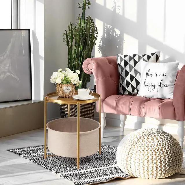 Alt view image 6 of 7 - danpinera Round Side Table with Fabric Storage Basket, Metal Small Bedside Nightstand with Removable Tray Top for Living Room, Bedroom, Nursery, Laundry, Gold