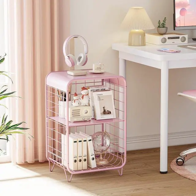 Alt view image 5 of 7 - APEXCHASER Cute Pink Nightstand,Metal Side Table,3 Tier End Table with Storage,Vintage Bedside Table,Girls Bedroom Furniture,Coffee Table for Living Room,Bedroom,Dorm