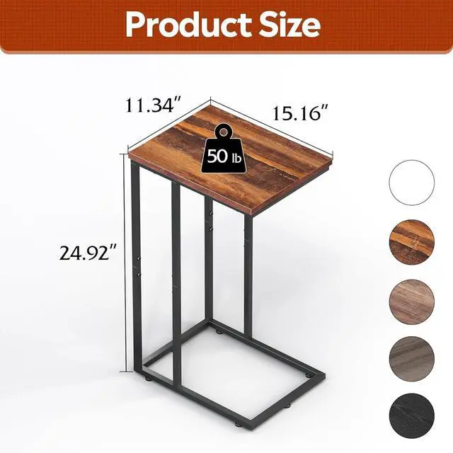 Alt view image 3 of 7 - WLIVE Side Table, C Shaped End Table for Couch, Sofa and Bed, Large Desktop C Table for Living Room, Bedroom, Retro Brown and Black