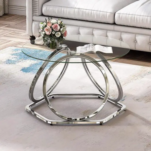 Main image of O&K FURNITURE Glass Coffee Table, Modern Silver Coffee Table Living Room Table with Hexagonal Base, Round Coffee Table for Home&Office, Chrome Finish, 1 PC