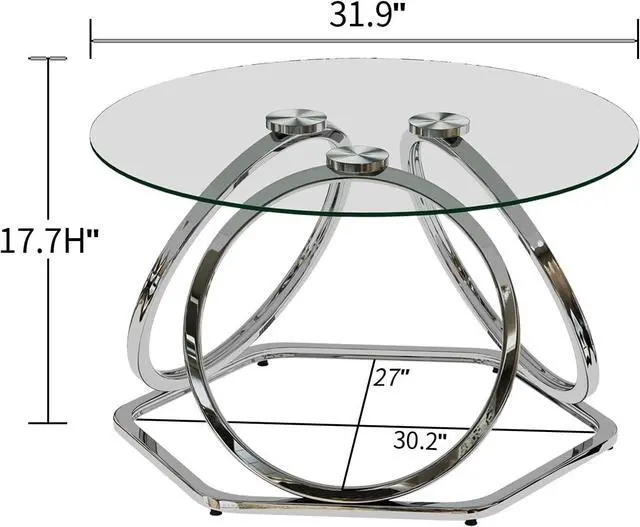 Alt view image 2 of 7 - O&K FURNITURE Glass Coffee Table, Modern Silver Coffee Table Living Room Table with Hexagonal Base, Round Coffee Table for Home&Office, Chrome Finish, 1 PC