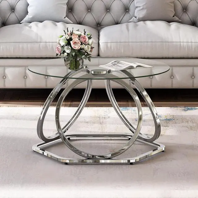 Alt view image 3 of 7 - O&K FURNITURE Glass Coffee Table, Modern Silver Coffee Table Living Room Table with Hexagonal Base, Round Coffee Table for Home&Office, Chrome Finish, 1 PC