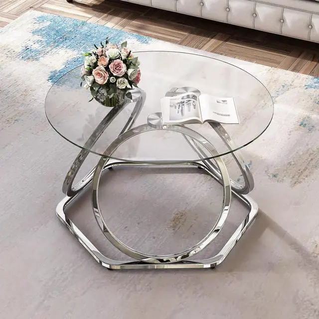 Alt view image 4 of 7 - O&K FURNITURE Glass Coffee Table, Modern Silver Coffee Table Living Room Table with Hexagonal Base, Round Coffee Table for Home&Office, Chrome Finish, 1 PC