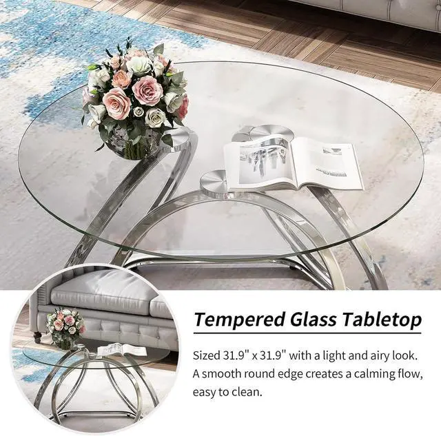 Alt view image 5 of 7 - O&K FURNITURE Glass Coffee Table, Modern Silver Coffee Table Living Room Table with Hexagonal Base, Round Coffee Table for Home&Office, Chrome Finish, 1 PC