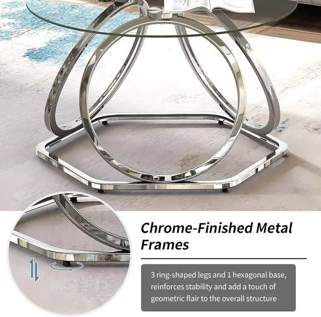 Alt view image 6 of 7 - O&K FURNITURE Glass Coffee Table, Modern Silver Coffee Table Living Room Table with Hexagonal Base, Round Coffee Table for Home&Office, Chrome Finish, 1 PC
