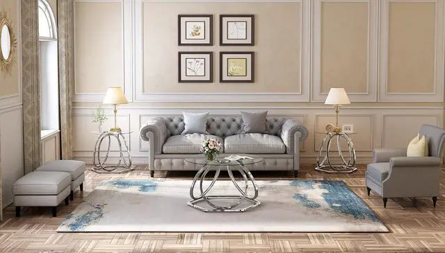 Alt view image 7 of 7 - O&K FURNITURE Glass Coffee Table, Modern Silver Coffee Table Living Room Table with Hexagonal Base, Round Coffee Table for Home&Office, Chrome Finish, 1 PC