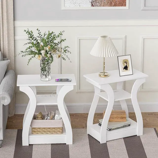 Main image of End Tables Living Room Set of 2,End Table with Charging Station,White End Table with USB,White Side Table, Nightstand for Bedroom, 3 Tier End Table with Storage Shelf for Living Room White