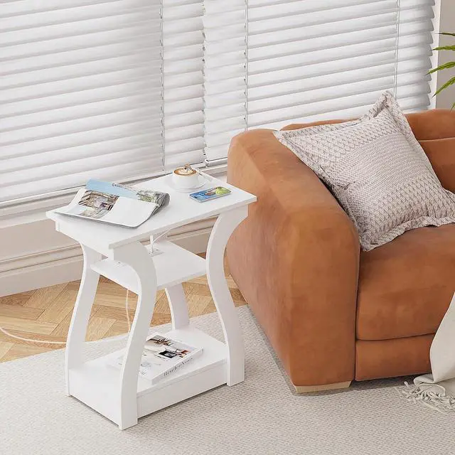 Alt view image 3 of 7 - End Tables Living Room Set of 2,End Table with Charging Station,White End Table with USB,White Side Table, Nightstand for Bedroom, 3 Tier End Table with Storage Shelf for Living Room White