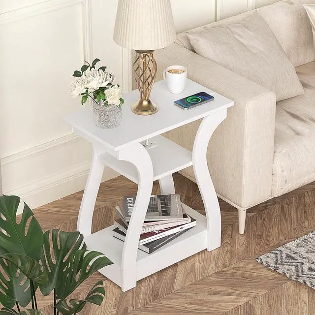 Alt view image 4 of 7 - End Tables Living Room Set of 2,End Table with Charging Station,White End Table with USB,White Side Table, Nightstand for Bedroom, 3 Tier End Table with Storage Shelf for Living Room White