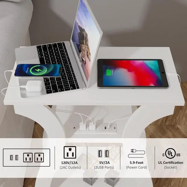 Alt view image 5 of 7 - End Tables Living Room Set of 2,End Table with Charging Station,White End Table with USB,White Side Table, Nightstand for Bedroom, 3 Tier End Table with Storage Shelf for Living Room White