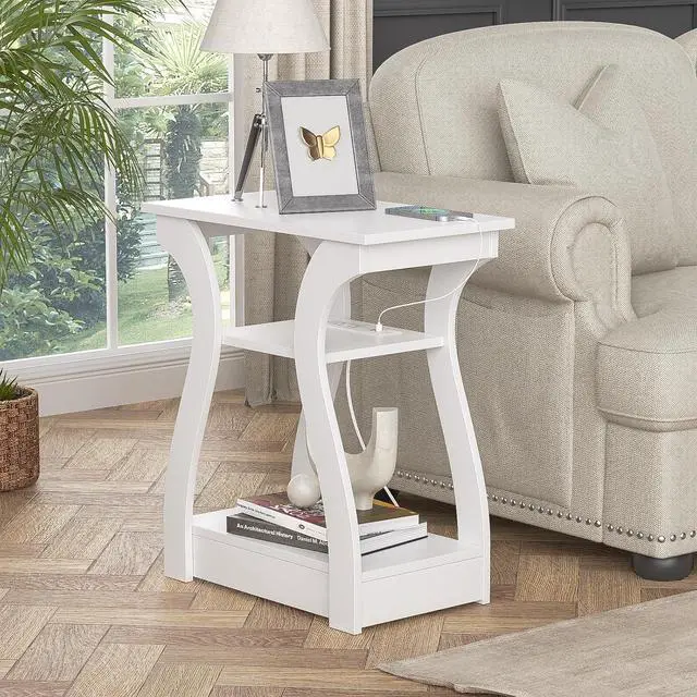 Alt view image 7 of 7 - End Tables Living Room Set of 2,End Table with Charging Station,White End Table with USB,White Side Table, Nightstand for Bedroom, 3 Tier End Table with Storage Shelf for Living Room White