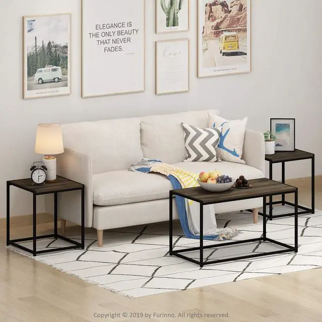 Alt view image 2 of 6 - Furinno Camus Modern Living Room Coffee Table with 2 End Tables Set, Columbia Walnut
