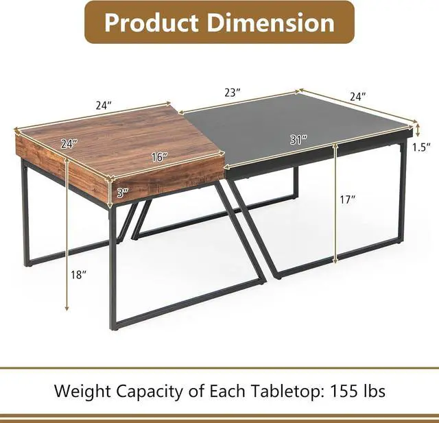 Alt view image 3 of 7 - Giantex Stacking Coffee Table Set of 2, Black & Brown Modern Side Table with Powder Coated Metal Legs, Trapezoid Nesting Table for Living Room, Office, Bedroom, Black + Brown