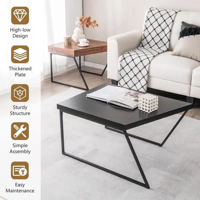 Alt view image 7 of 7 - Giantex Stacking Coffee Table Set of 2, Black & Brown Modern Side Table with Powder Coated Metal Legs, Trapezoid Nesting Table for Living Room, Office, Bedroom, Black + Brown