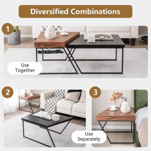 Alt view image 4 of 7 - Giantex Stacking Coffee Table Set of 2, Black & Brown Modern Side Table with Powder Coated Metal Legs, Trapezoid Nesting Table for Living Room, Office, Bedroom, Black + Brown