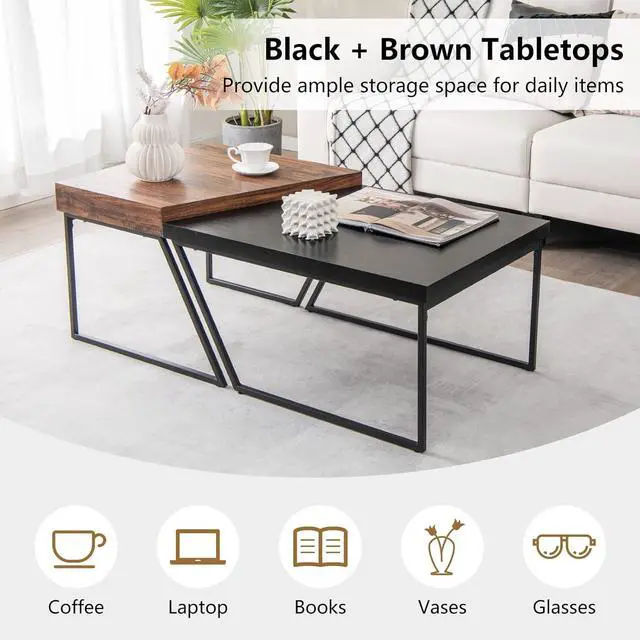 Alt view image 5 of 7 - Giantex Stacking Coffee Table Set of 2, Black & Brown Modern Side Table with Powder Coated Metal Legs, Trapezoid Nesting Table for Living Room, Office, Bedroom, Black + Brown