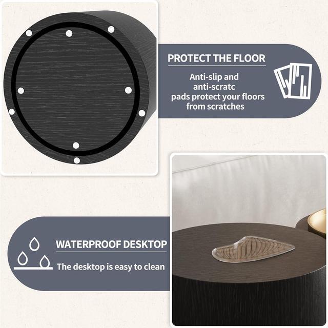 Alt view image 3 of 5 - Small Coffee Table Nesting End Table Set of 2, Round Coffee Table Wood Side Table Circle Accent Tables for Small Spaces Living Room Bedroom Balcony Office, Black
