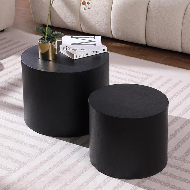 Alt view image 4 of 5 - Small Coffee Table Nesting End Table Set of 2, Round Coffee Table Wood Side Table Circle Accent Tables for Small Spaces Living Room Bedroom Balcony Office, Black