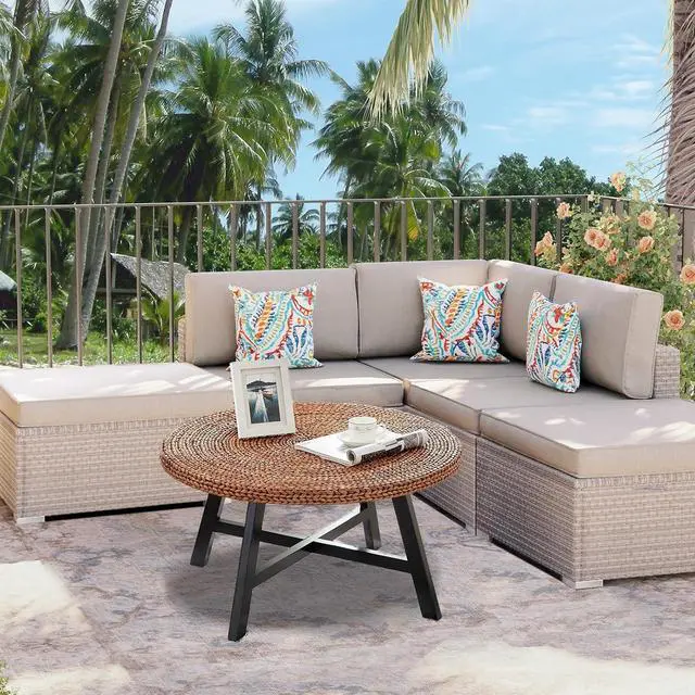 Alt view image 2 of 7 - RANDEFURN Round Coffee Table, Seagrass Coffee Solid Pine Wood X Base Frame Cocktail Table, Easy Assembled, Multiple Sizes for Living Room, 32 x 17 Inches,Gold