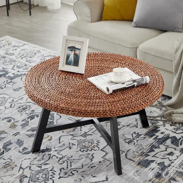 Alt view image 4 of 7 - RANDEFURN Round Coffee Table, Seagrass Coffee Solid Pine Wood X Base Frame Cocktail Table, Easy Assembled, Multiple Sizes for Living Room, 32 x 17 Inches,Gold