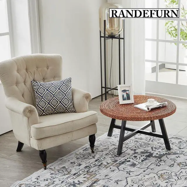 Alt view image 6 of 7 - RANDEFURN Round Coffee Table, Seagrass Coffee Solid Pine Wood X Base Frame Cocktail Table, Easy Assembled, Multiple Sizes for Living Room, 32 x 17 Inches,Gold