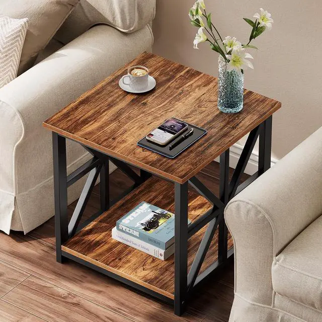 Alt view image 2 of 7 - GreenForest End Table with 2-Tier Storage Shelf, 24 inch Side Table for Living Room, Modern Nightstand for Bedroom Bedside Office Farmhouse, Walnut