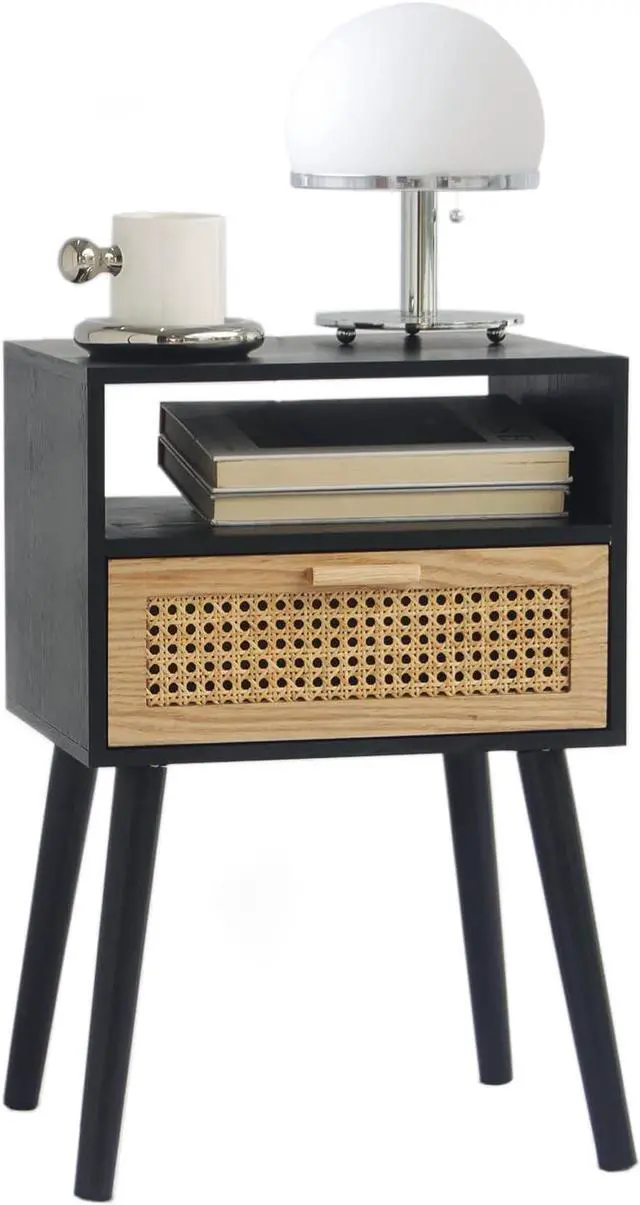 Main image of MaxSmeo End Table with Storage Mid Century Nightstand with Rattan Drawer and Shelf, Wood Small Side Coffee Table for Small Space, Living Room and Bedroom, Easy Assembly (Black)