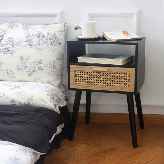 Alt view image 2 of 7 - MaxSmeo End Table with Storage Mid Century Nightstand with Rattan Drawer and Shelf, Wood Small Side Coffee Table for Small Space, Living Room and Bedroom, Easy Assembly (Black)