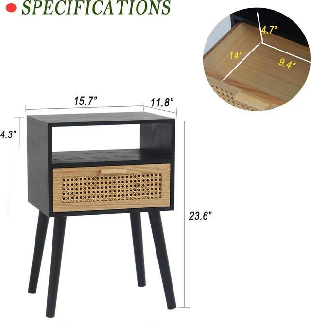Alt view image 3 of 7 - MaxSmeo End Table with Storage Mid Century Nightstand with Rattan Drawer and Shelf, Wood Small Side Coffee Table for Small Space, Living Room and Bedroom, Easy Assembly (Black)