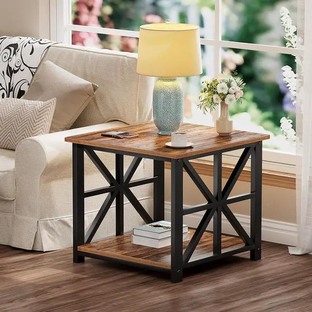 Alt view image 7 of 7 - GreenForest End Table with 2-Tier Storage Shelf, 24 inch Side Table for Living Room, Modern Nightstand for Bedroom Bedside Office Farmhouse, Walnut