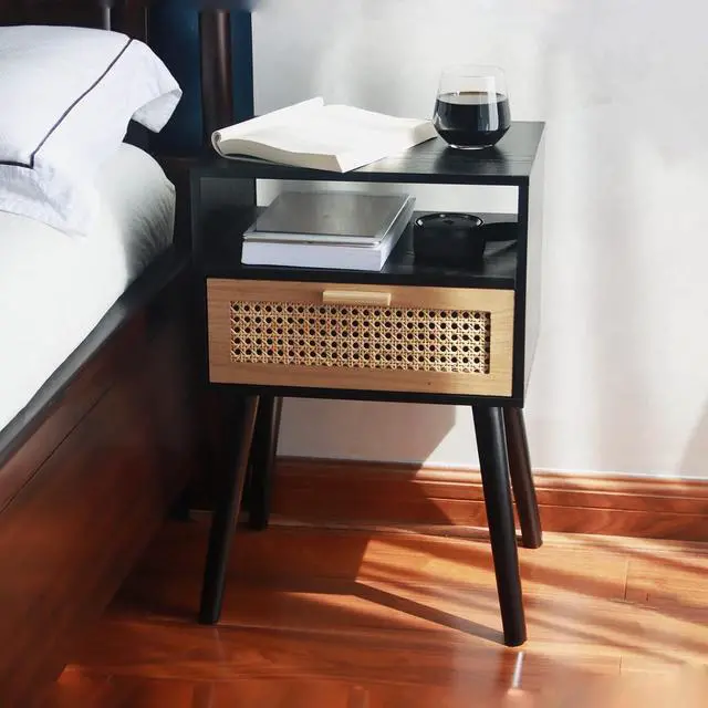 Alt view image 5 of 7 - MaxSmeo End Table with Storage Mid Century Nightstand with Rattan Drawer and Shelf, Wood Small Side Coffee Table for Small Space, Living Room and Bedroom, Easy Assembly (Black)