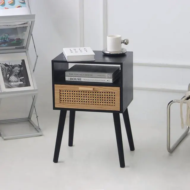 Alt view image 7 of 7 - MaxSmeo End Table with Storage Mid Century Nightstand with Rattan Drawer and Shelf, Wood Small Side Coffee Table for Small Space, Living Room and Bedroom, Easy Assembly (Black)