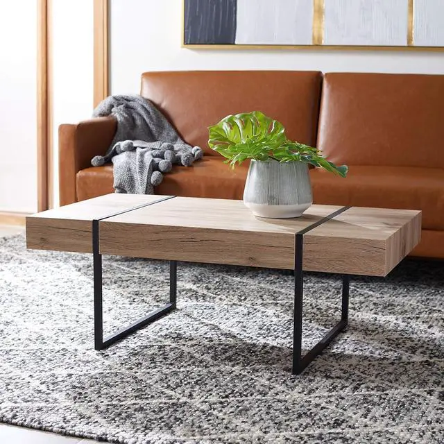 Alt view image 2 of 7 - SAFAVIEH Home Collection Tristan Modern Rectangular Coffee Table COF7000B, 43.3" W x 23.6" L x 15.7" H, Natural/Black Metal Legs