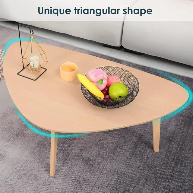 Alt view image 4 of 7 - Small Coffee Table Mid Century Modern Wood Oval Coffee Tables Retro Minimalist Style Chic for Living Room,Natural Wooden Texture,Unique Triangle Tabletop,Oak Leg,Easy Assembly,38.5"