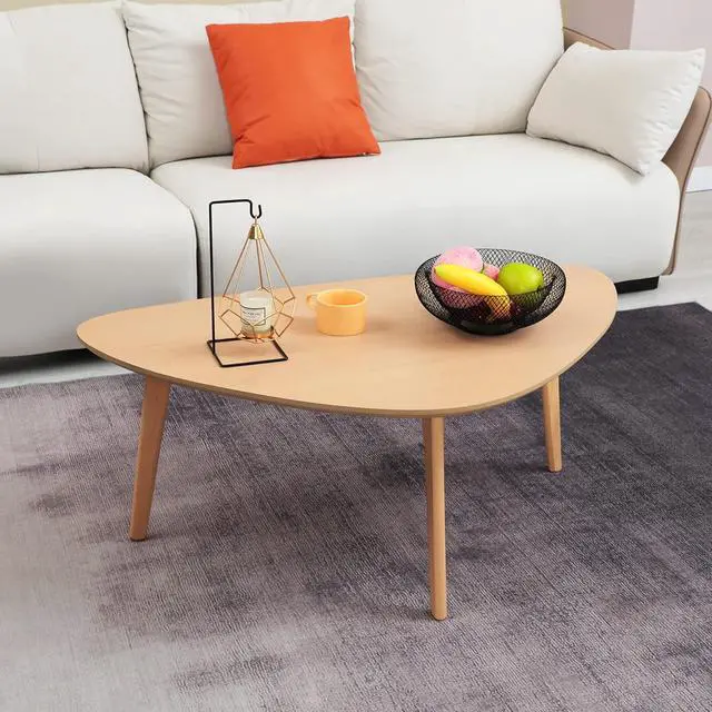 Alt view image 5 of 7 - Small Coffee Table Mid Century Modern Wood Oval Coffee Tables Retro Minimalist Style Chic for Living Room,Natural Wooden Texture,Unique Triangle Tabletop,Oak Leg,Easy Assembly,38.5"