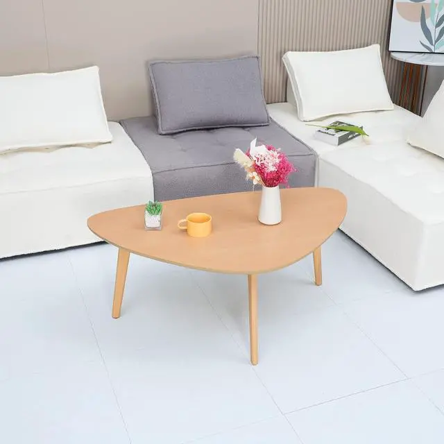 Alt view image 6 of 7 - Small Coffee Table Mid Century Modern Wood Oval Coffee Tables Retro Minimalist Style Chic for Living Room,Natural Wooden Texture,Unique Triangle Tabletop,Oak Leg,Easy Assembly,38.5"