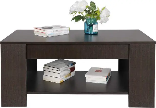 Alt view image 3 of 7 - SUPER DEAL Modern Lift Top Coffee Table w/Hidden Compartment and Storage Shelves Pop-Up Storage Cocktail Table for Living Room Reception Room