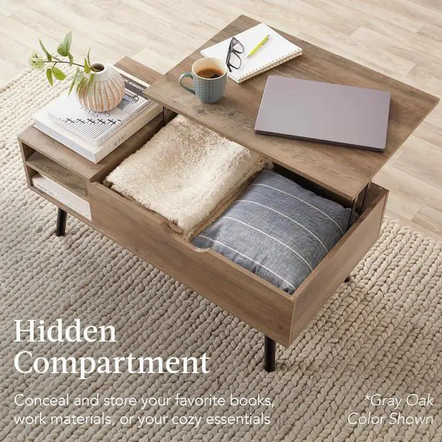 Alt view image 5 of 7 - Best Choice Products Lift Top Coffee Table, Wooden Mid-Century Modern Multifunctional Accent Table for Living Room w/Hidden Storage, 2 Cubbies, Removable Shelf - Brown
