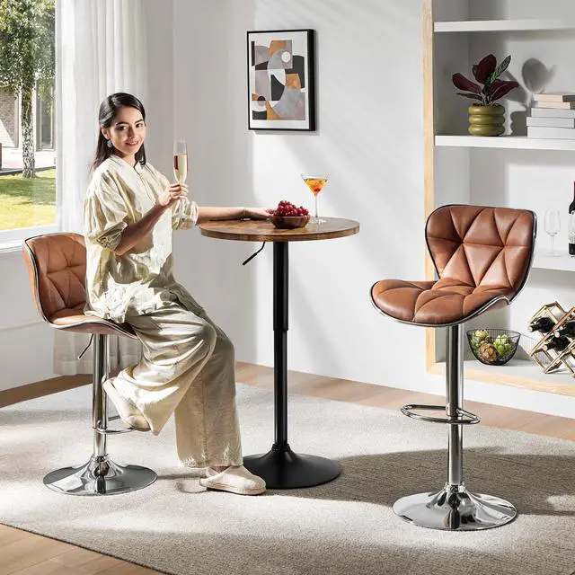 Alt view image 2 of 7 - Yaheetech Round Pub Table Height Adjustable with 360 Swivel MDF Tabletop for Dining Bistro Cafe Home Bar, Rustic Brown