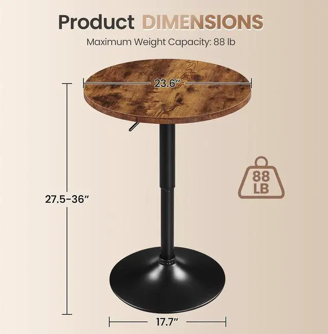 Alt view image 3 of 7 - Yaheetech Round Pub Table Height Adjustable with 360 Swivel MDF Tabletop for Dining Bistro Cafe Home Bar, Rustic Brown