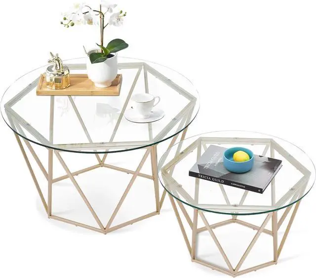 Main image of ivinta Round Nesting Coffee Table Set of 2, Modern Tempered Glass Coffee Tables for Living Room, 31.5 and 23.6 inch Accent Tea Tables with Gold Metal Frame Legs Diamon-GL (Golden)