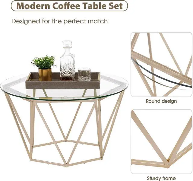 Alt view image 5 of 7 - ivinta Round Nesting Coffee Table Set of 2, Modern Tempered Glass Coffee Tables for Living Room, 31.5 and 23.6 inch Accent Tea Tables with Gold Metal Frame Legs Diamon-GL (Golden)