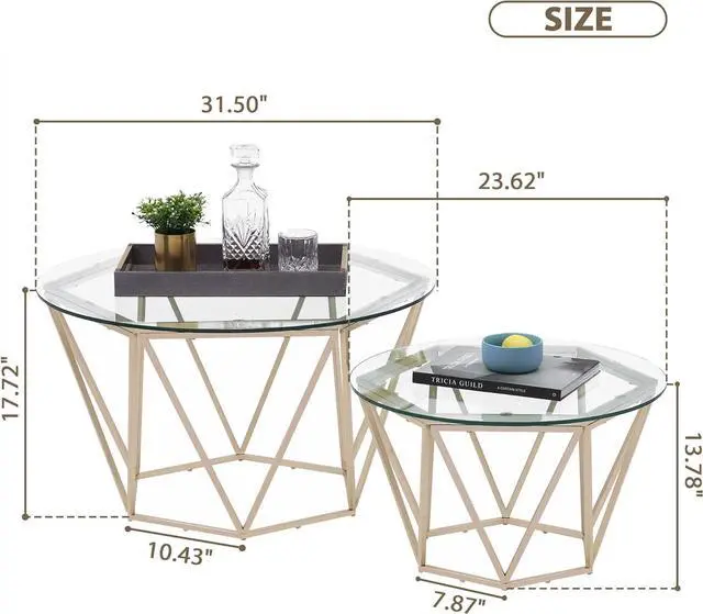 Alt view image 3 of 7 - ivinta Round Nesting Coffee Table Set of 2, Modern Tempered Glass Coffee Tables for Living Room, 31.5 and 23.6 inch Accent Tea Tables with Gold Metal Frame Legs Diamon-GL (Golden)