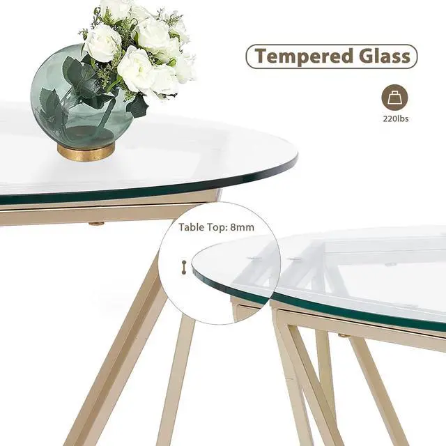 Alt view image 4 of 7 - ivinta Round Nesting Coffee Table Set of 2, Modern Tempered Glass Coffee Tables for Living Room, 31.5 and 23.6 inch Accent Tea Tables with Gold Metal Frame Legs Diamon-GL (Golden)