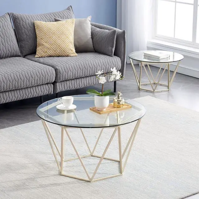 Alt view image 2 of 7 - ivinta Round Nesting Coffee Table Set of 2, Modern Tempered Glass Coffee Tables for Living Room, 31.5 and 23.6 inch Accent Tea Tables with Gold Metal Frame Legs Diamon-GL (Golden)
