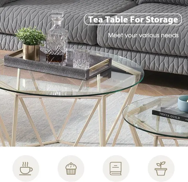 Alt view image 6 of 7 - ivinta Round Nesting Coffee Table Set of 2, Modern Tempered Glass Coffee Tables for Living Room, 31.5 and 23.6 inch Accent Tea Tables with Gold Metal Frame Legs Diamon-GL (Golden)