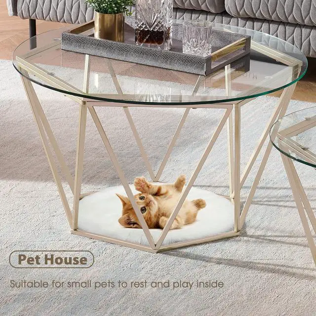 Alt view image 7 of 7 - ivinta Round Nesting Coffee Table Set of 2, Modern Tempered Glass Coffee Tables for Living Room, 31.5 and 23.6 inch Accent Tea Tables with Gold Metal Frame Legs Diamon-GL (Golden)