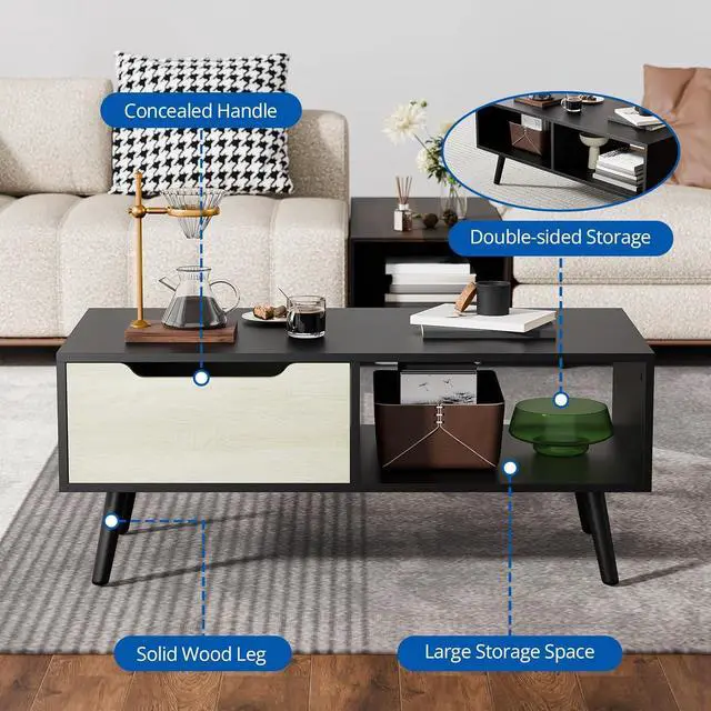 Alt view image 3 of 7 - Cozy Castle Modern Coffee Table, Wooden Cocktail Table with Storage, Minimalist Hallway Table, Mid Century Modern Coffee Table for Living Room Apartment Reception, Black