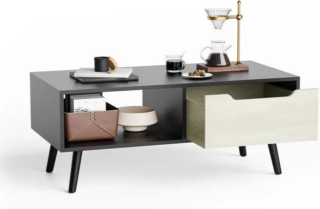 Alt view image 6 of 7 - Cozy Castle Modern Coffee Table, Wooden Cocktail Table with Storage, Minimalist Hallway Table, Mid Century Modern Coffee Table for Living Room Apartment Reception, Black