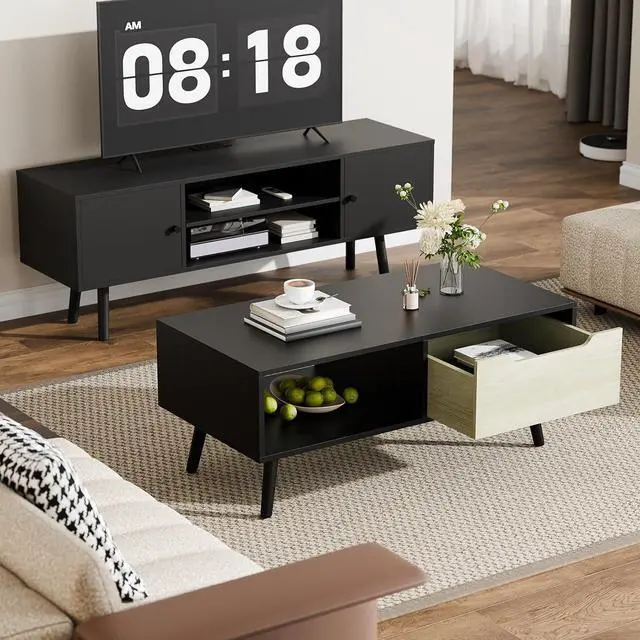 Alt view image 5 of 7 - Cozy Castle Modern Coffee Table, Wooden Cocktail Table with Storage, Minimalist Hallway Table, Mid Century Modern Coffee Table for Living Room Apartment Reception, Black
